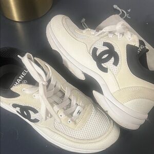 CHANEL Cream and Black Athletic Shoes